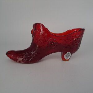 Fenton Ruby Red Glass Victorian Shoe Figurine Cabbage Rose Pattern